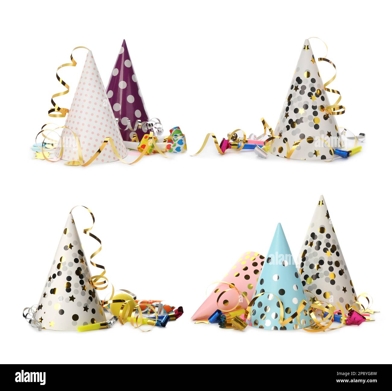 Set with colorful party hats, blowers and streamers on white background