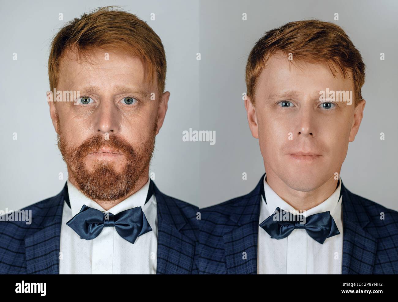 Two different photos of the same ginger bearded man in different ages. Growing up and eldering concept. Portrait of man in younger and elder ages. Stock Photo