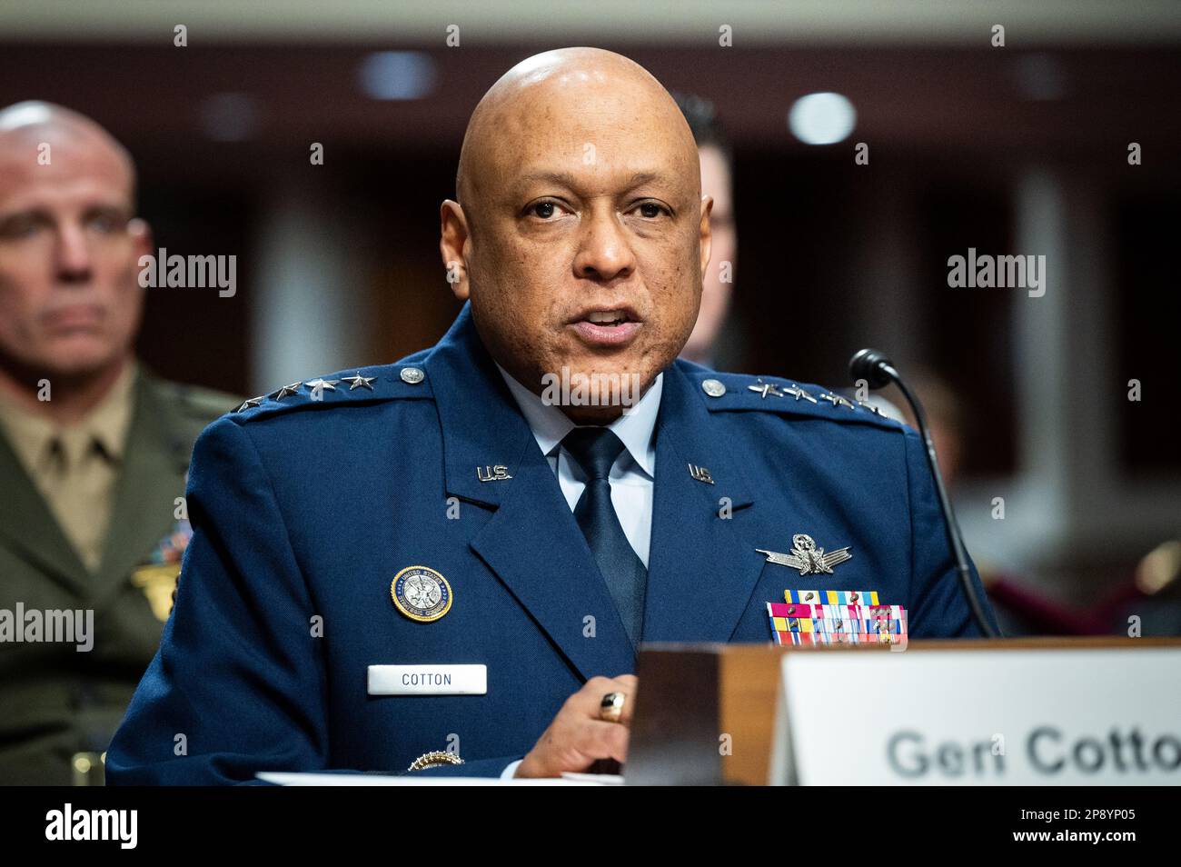 Washington, United States. 09th Mar, 2023. General Anthony Cotton, USAF, Commander, United States Strategic Command, speaking at a hearing of the Senate Armed Services Committee at the U.S. Capitol. Credit: SOPA Images Limited/Alamy Live News Stock Photo