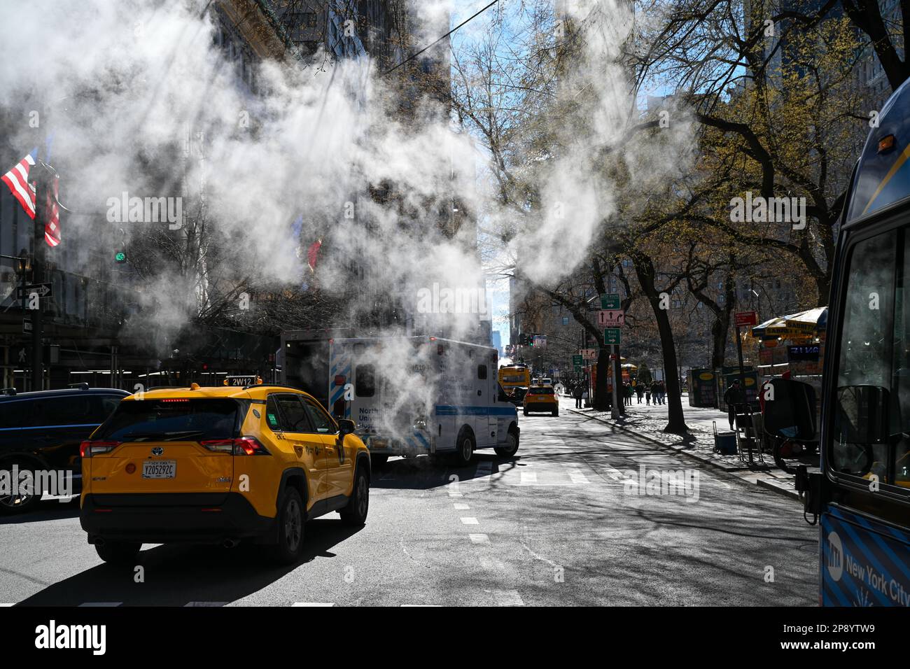 A steam pipe billows smoke along Fifth Avenue on March 9, 2023 in New