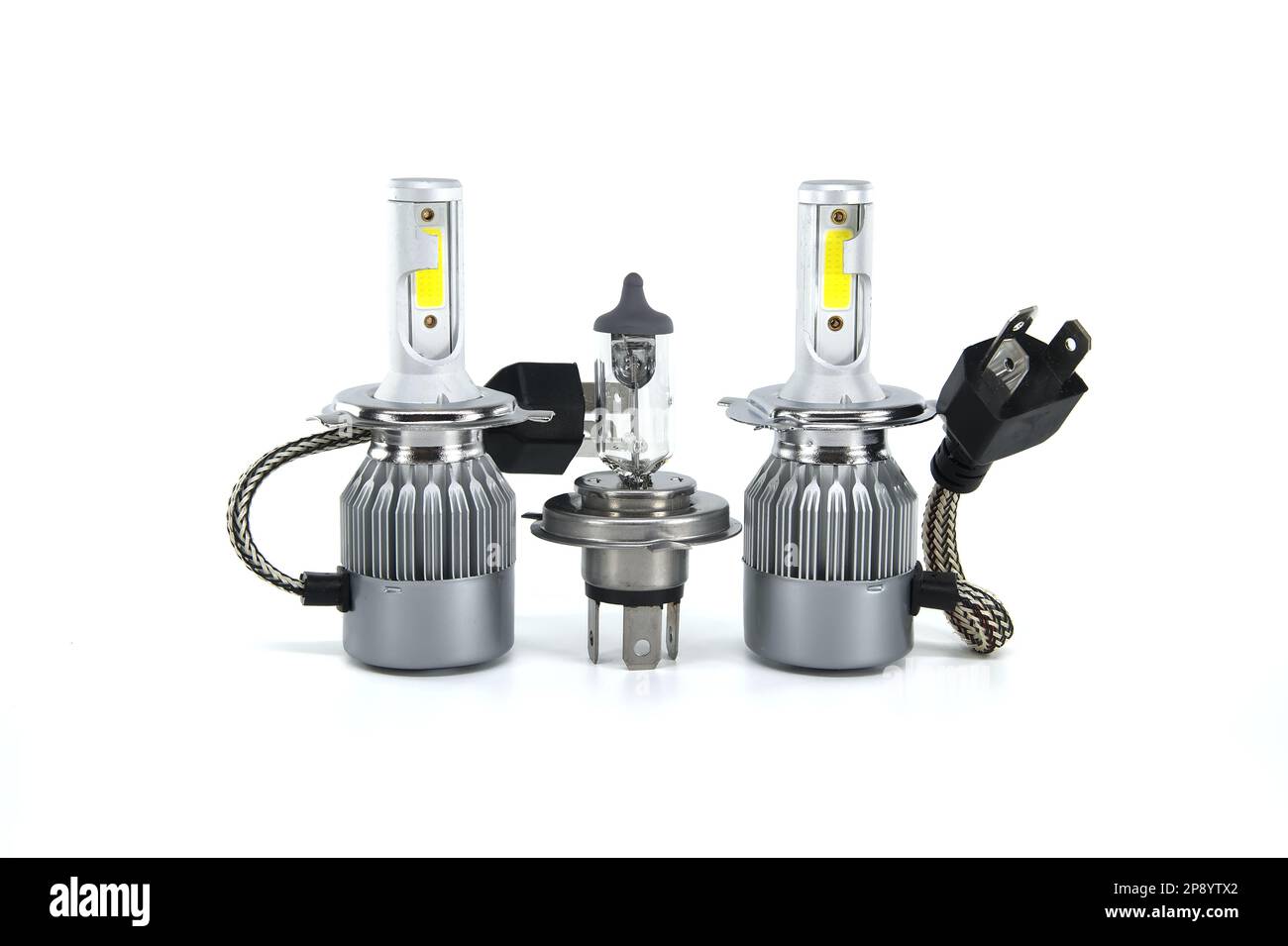 H4 halogen lamp and LED headlight bulbs isolated on white background