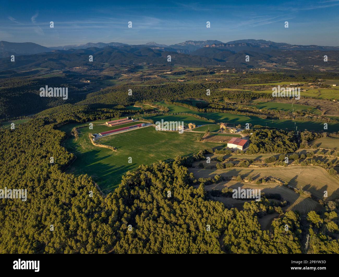 Aerial view of some fields and forests of Clariana de Cardener (Solsonès, Lleida, Catalonia, Spain) ESP: Vista aérea de unos campos y bosques, Lérida Stock Photo
