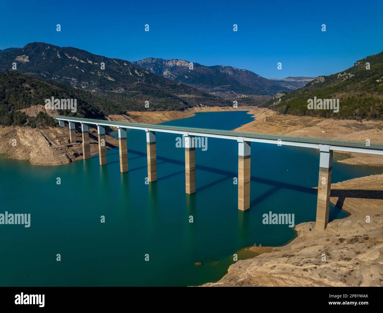 Aerial view of the Baells reservoir with a very low water level during the 202223 drought