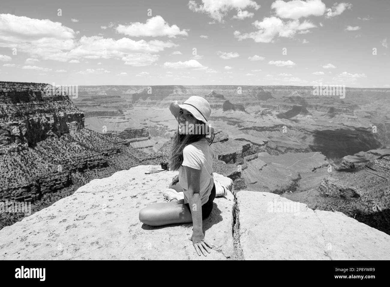 Woman in Grand Canyon National Park. Panoramic picture of Arizona USA ...