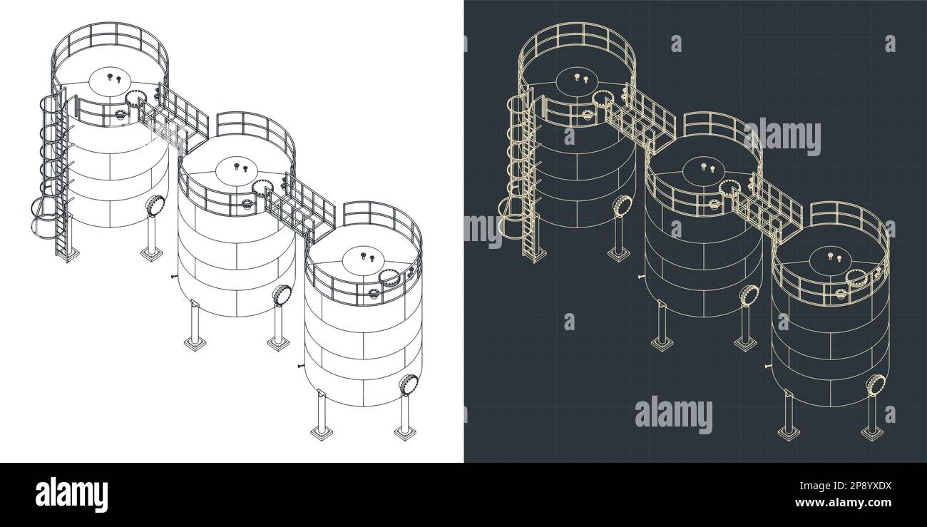 Stylized vector illustration of isometric blueprints of big fermentation stainless steel tanks Stock Vector
