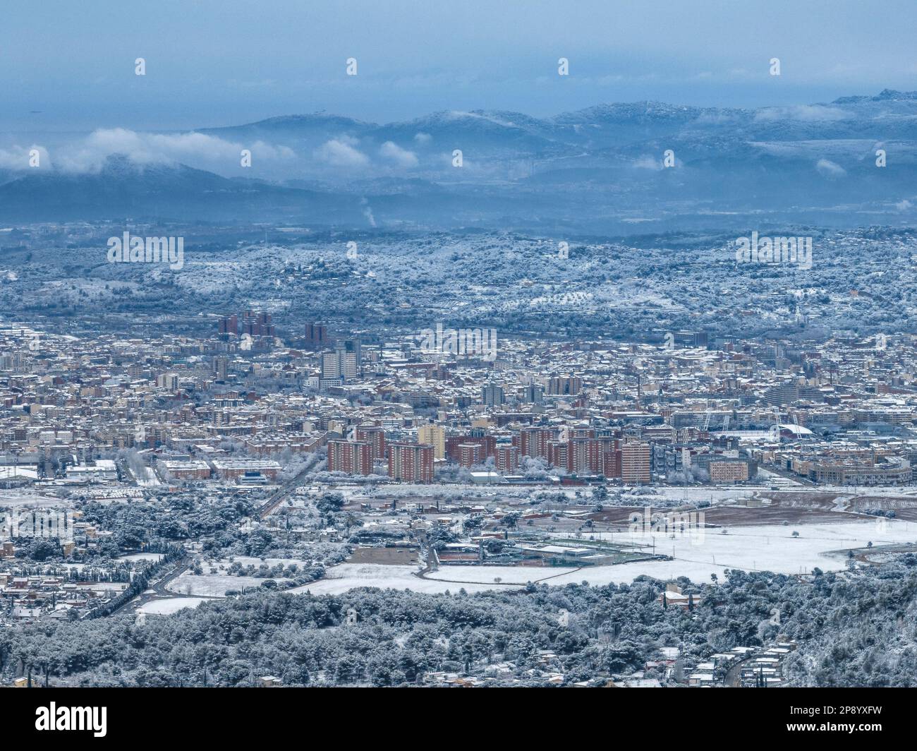 Aerial view of the snowy city of Terrassa after the snowfall of 02-27-2023 (Vallès Occidental, Barcelona, Catalonia, Spain) Stock Photo