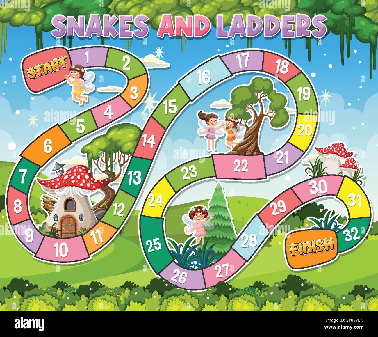 Snakes and ladders board game template illustration Stock Vector Image
