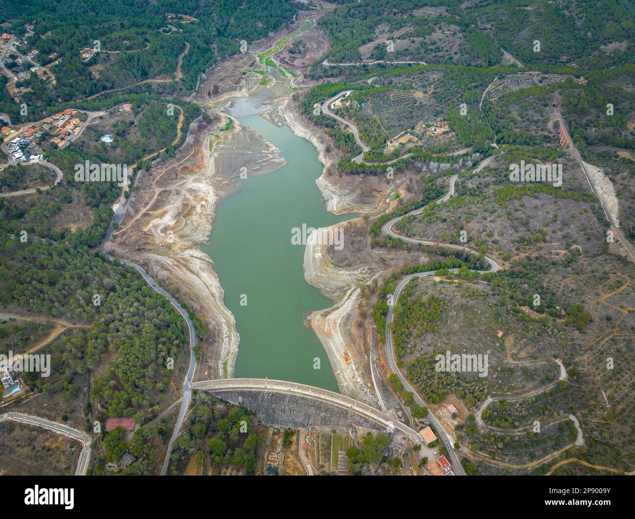 Aerial view of the Riudecanyes reservoir with a very low water level