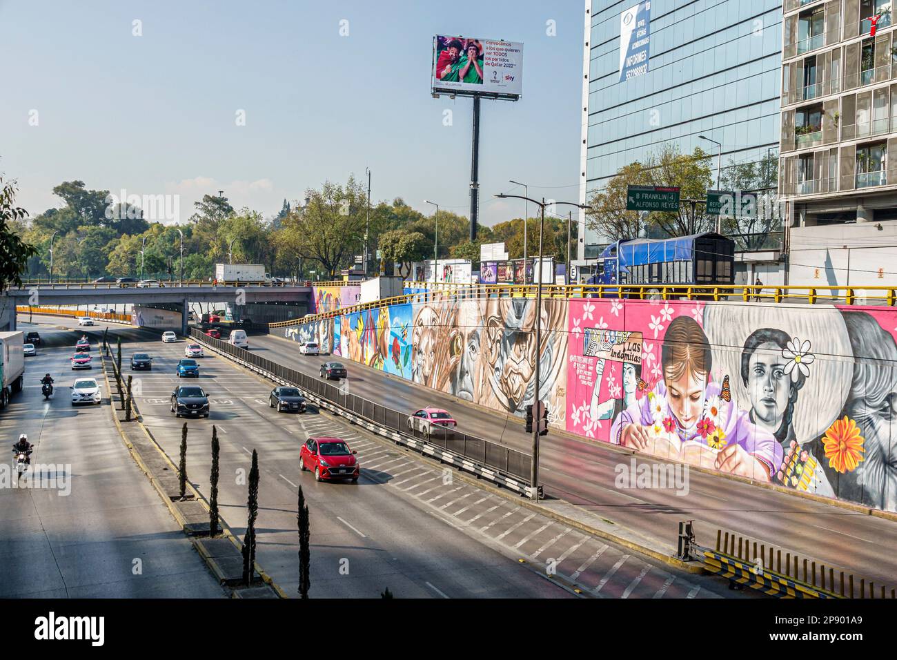 Mexico City,Circuito Interior Melchor Ocampo highway traffic mural murals, Stock Photo