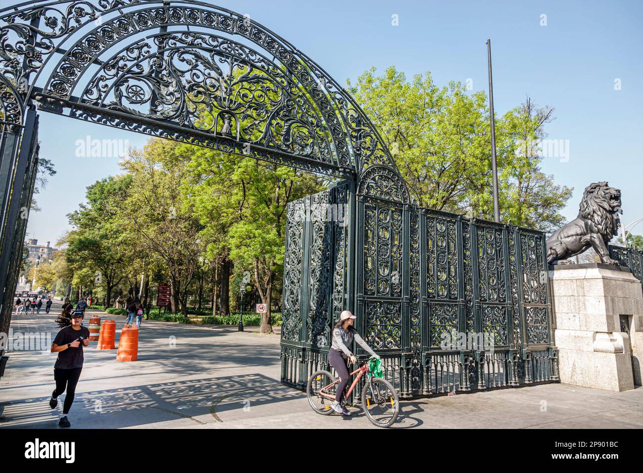 Mexico City,gate gated entrance,Chapultepec Parque park,Puerta de los Leones Lions Gateway,main entrance,woman women lady female,adult adults,resident Stock Photo