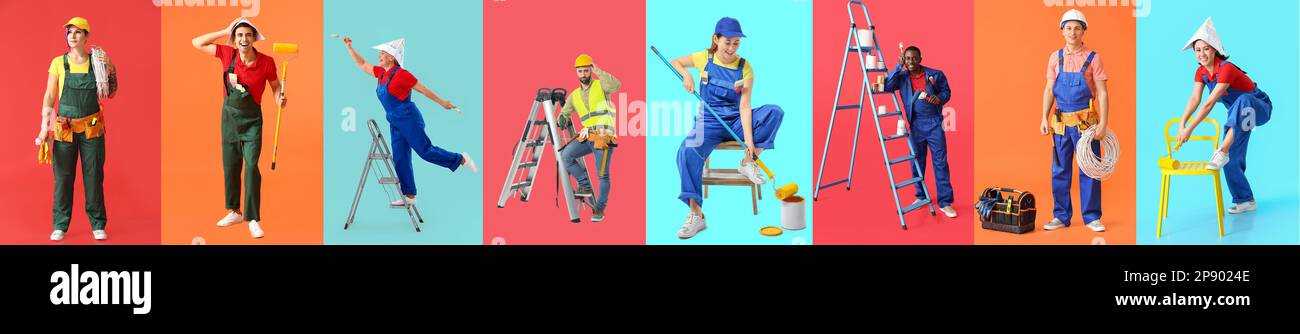 Group of different workers on color background Stock Photo