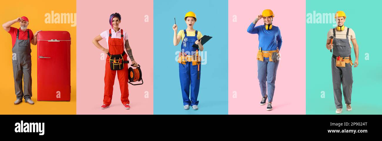 Collage of different workers on color background Stock Photo