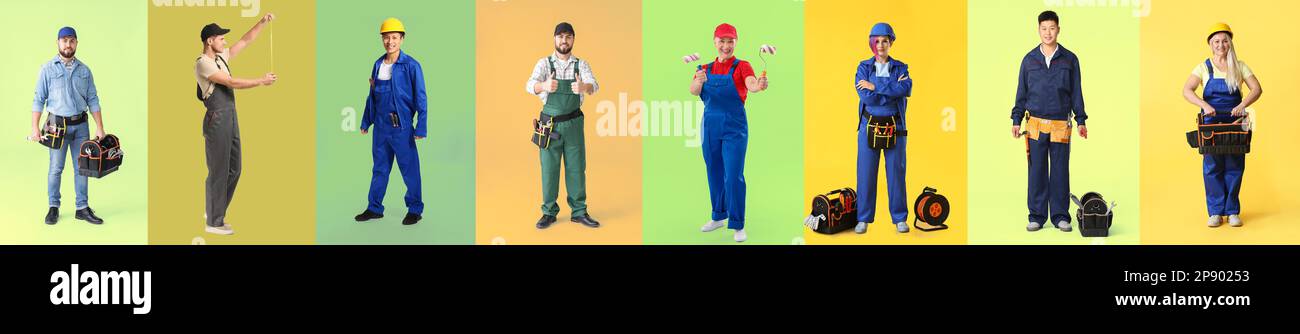 Set of different workers on color background Stock Photo