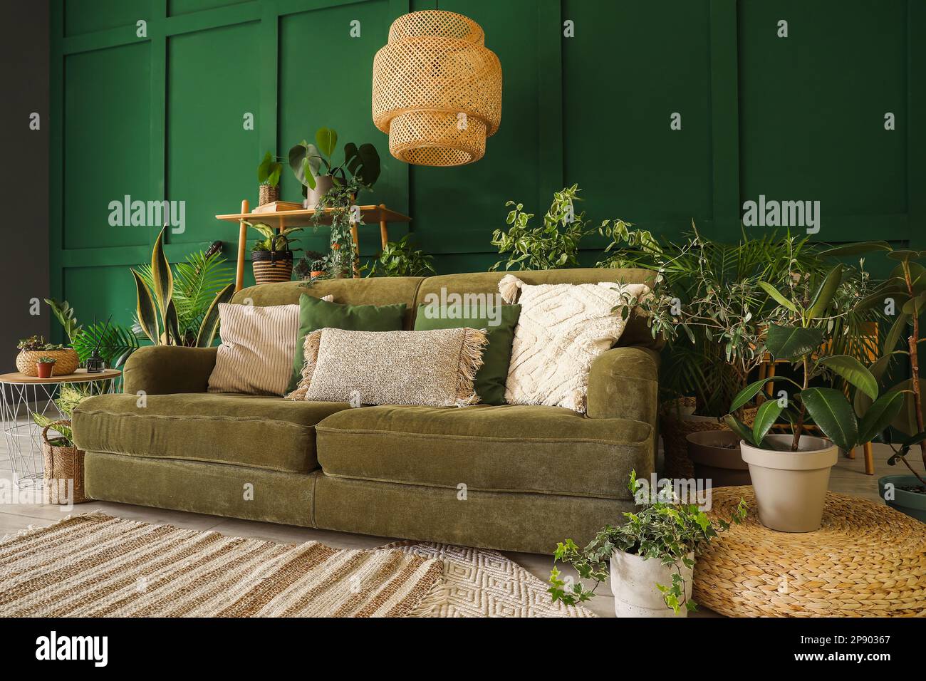Interior of living room with green sofa and houseplants Stock Photo - Alamy