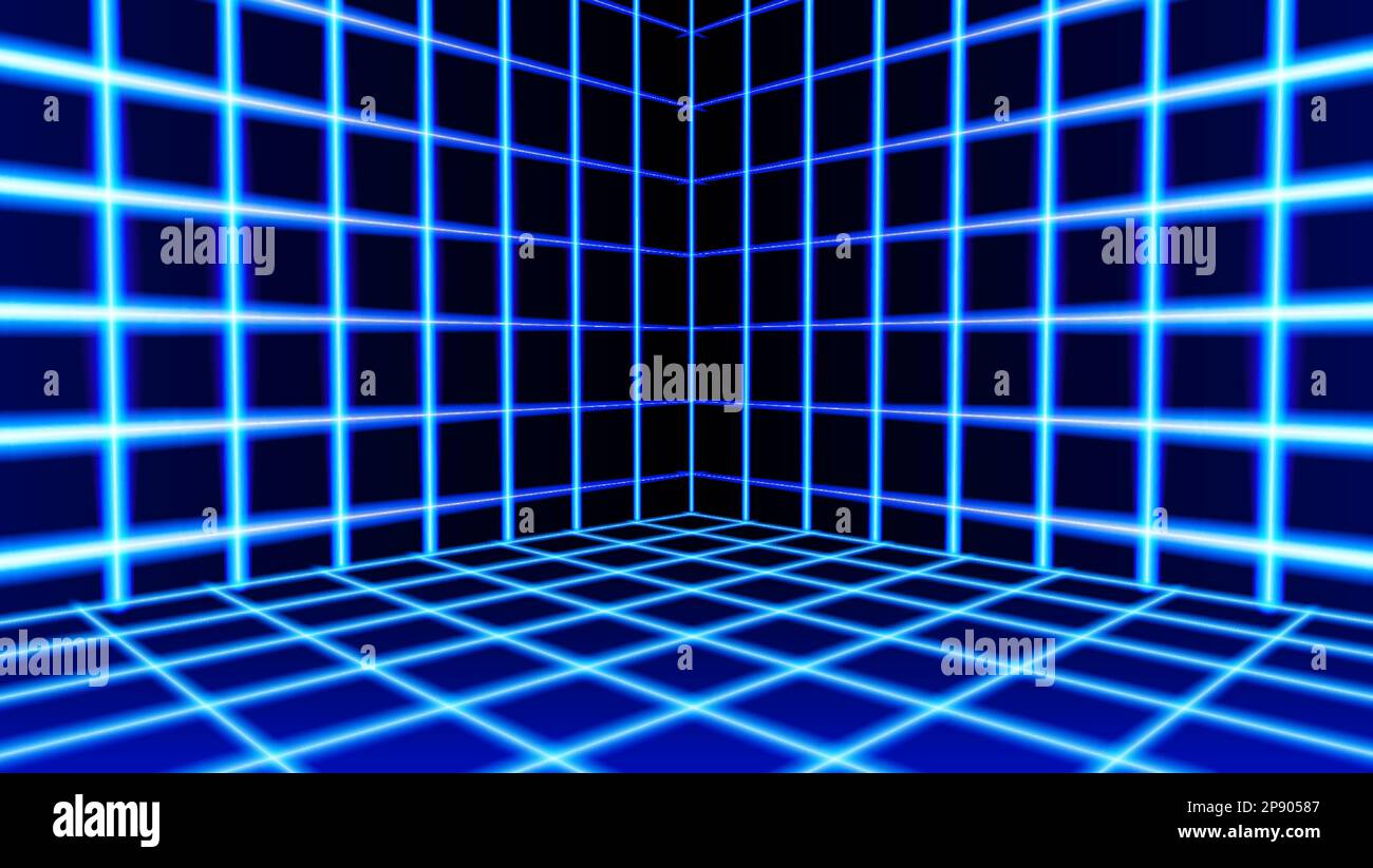 Neon room corner with 80s styled laser grid in synthwave style. 3D