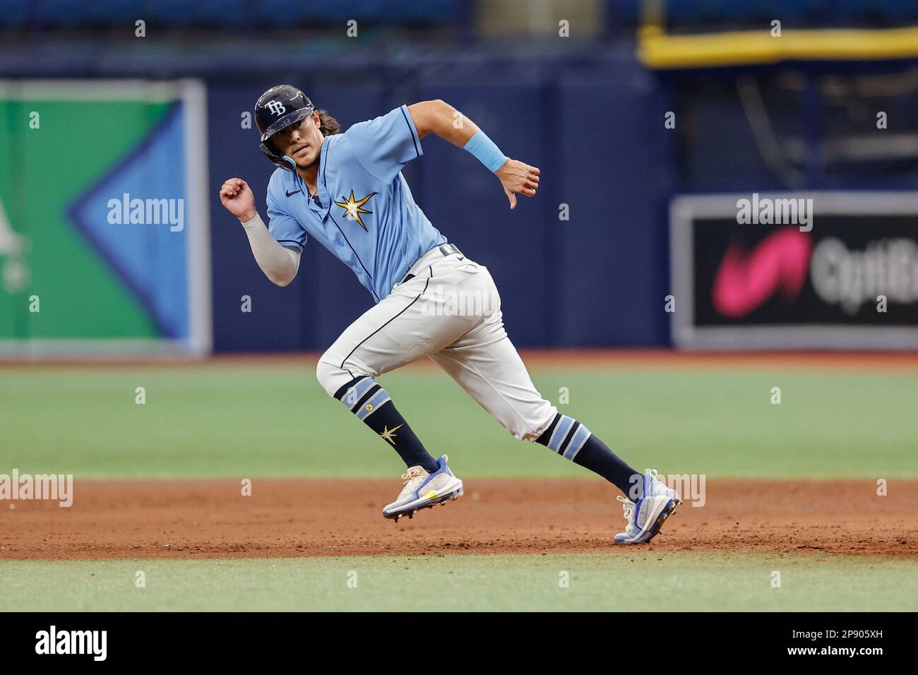 Tampa Bay Rays outfielder Jordan Qsar (99) safely steals second base