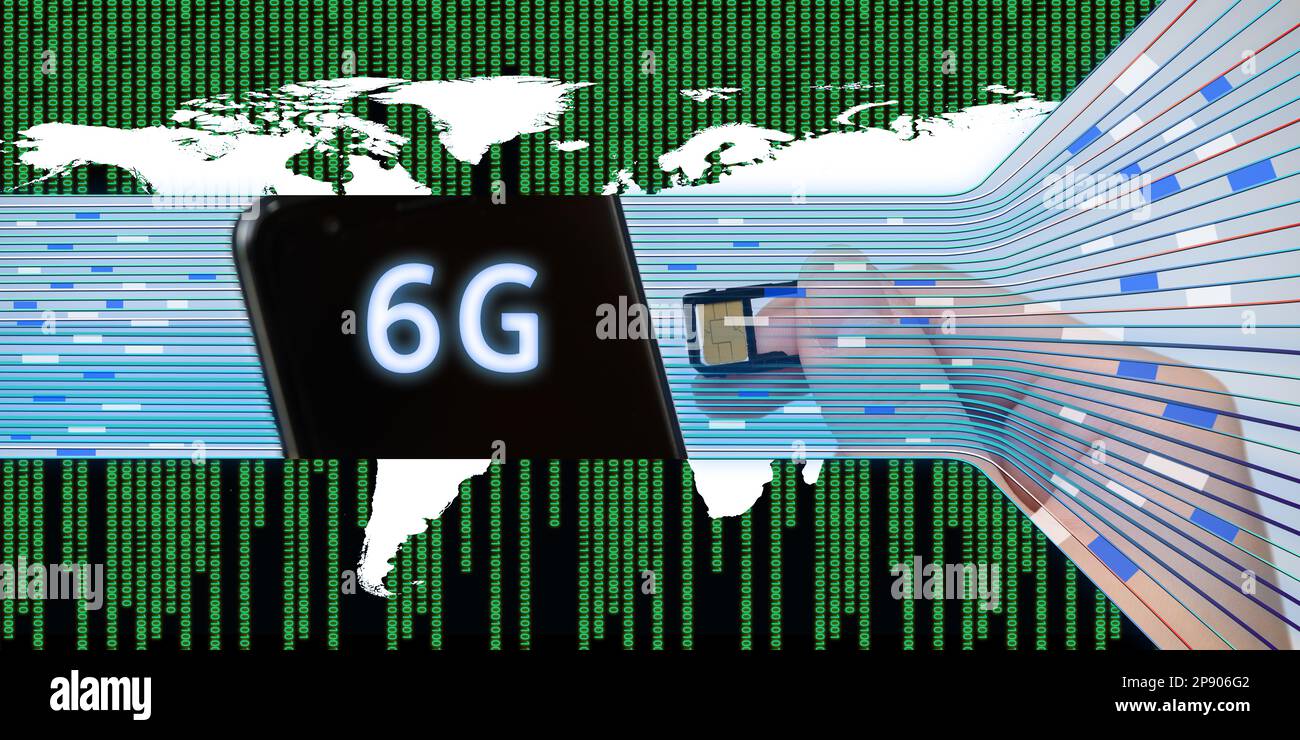 6G concept applying world map and smartphone SIM card Stock Photo