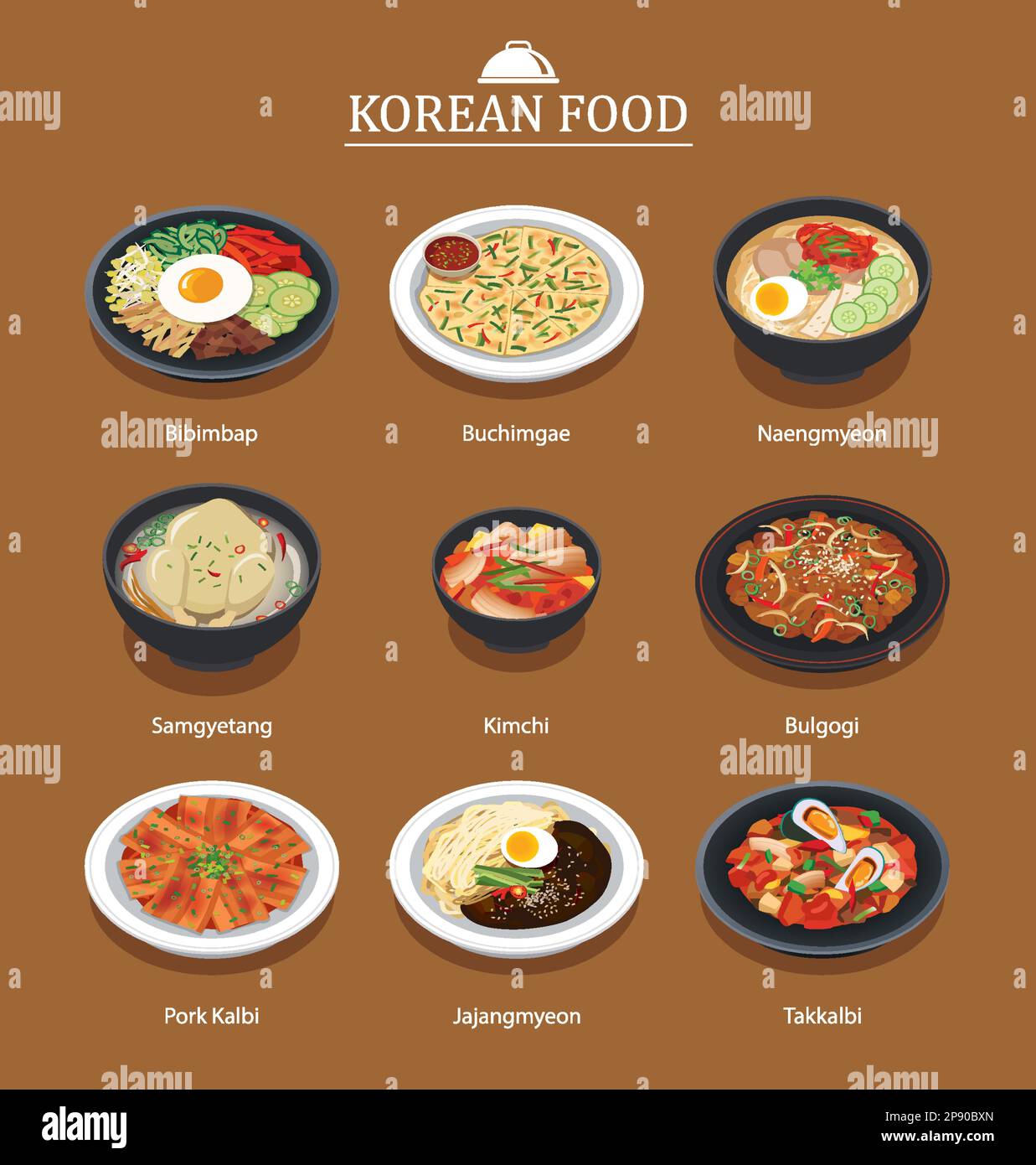 Set of korean food menu. Asia street food illustration background Stock