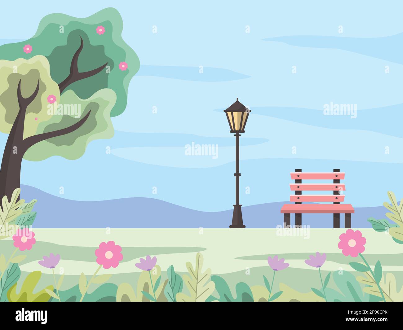 Flat design illustration of the park with spring Background with bench and Garden Lamp - Spring Season Flat Vector Design Illustration. Stock Vector