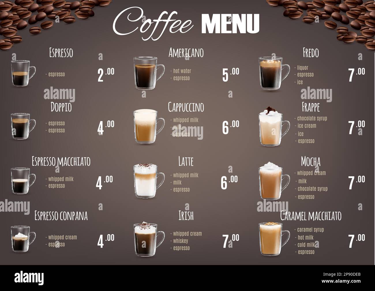 Coffee drinks menu price list vector template Stock Vector Image & Art