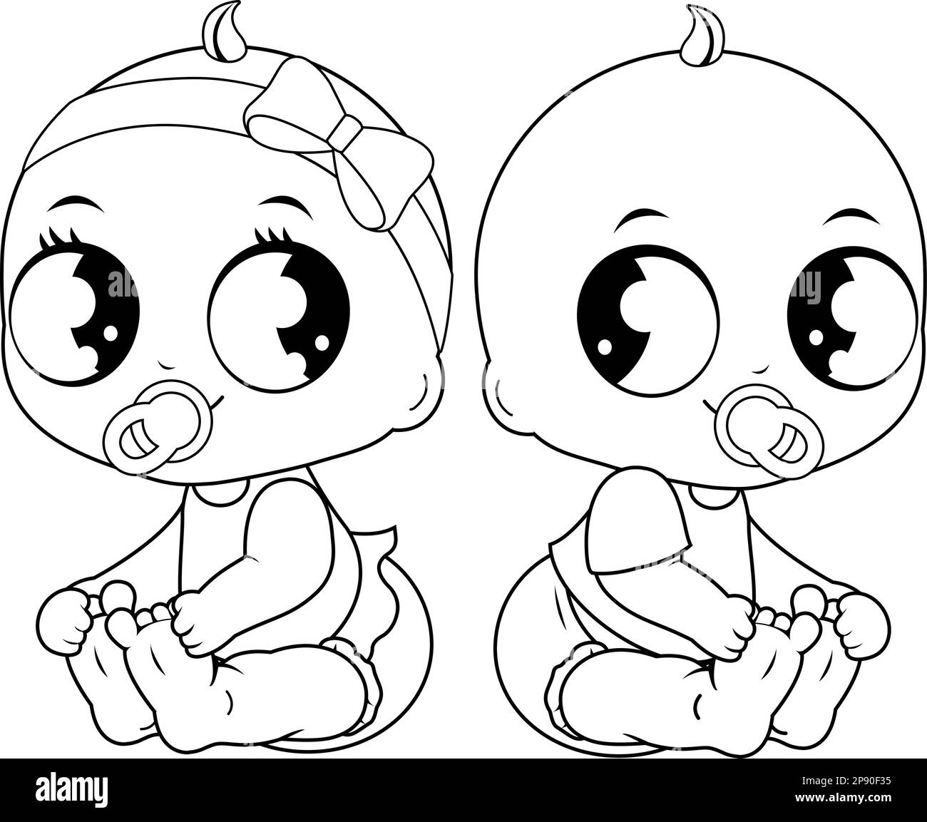 Cute baby girl and boy. Vector black and white coloring page Stock Vector