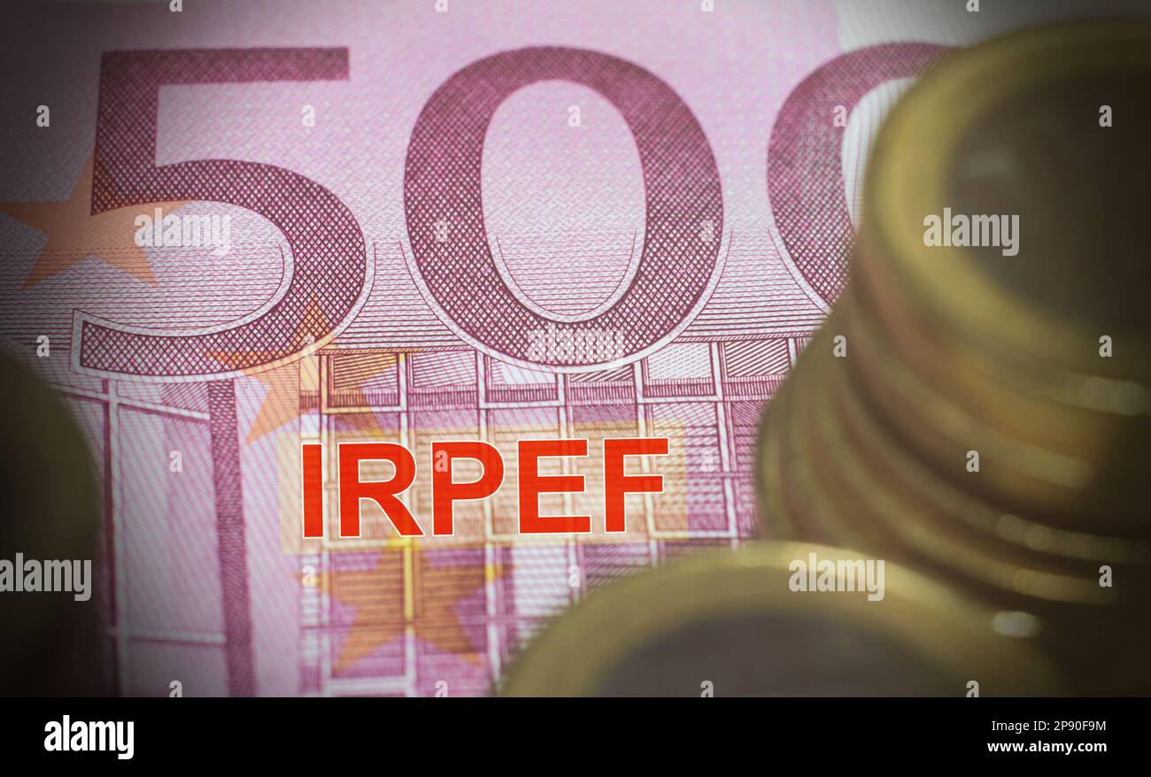 Euro Banknotes with the text “IRPEF” Italian tax Stock Photo