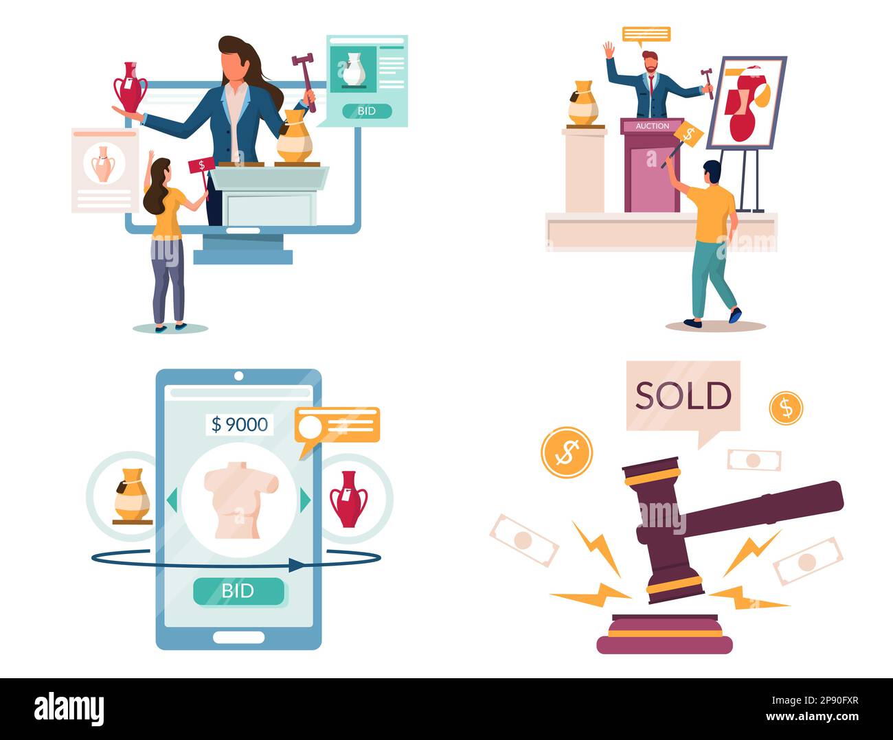 Live and online auction set, vector illustration Stock Vector