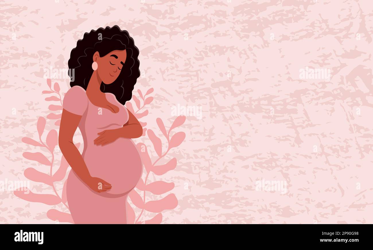 Healthy pregnancy banner. Beautiful pregnant black woman hugs her belly