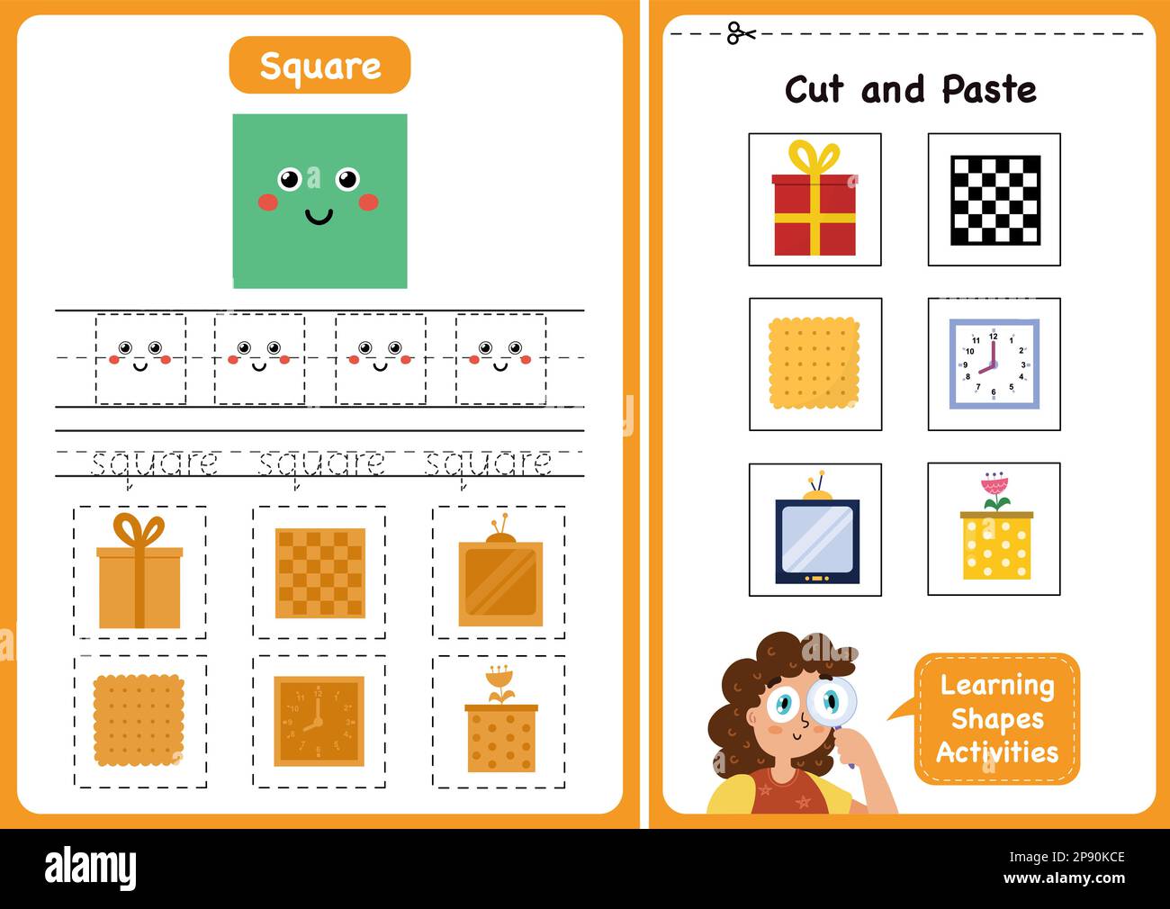 Learning shapes activity page - Square. Geometric shapes worksheets for kids Stock Vector