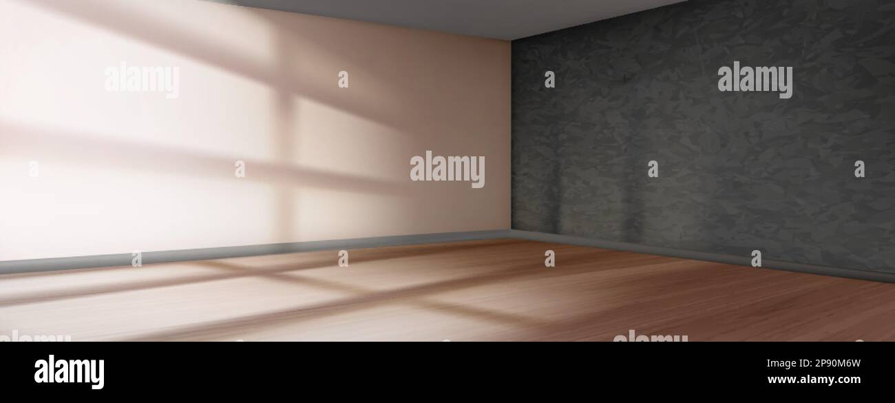3d empty realistic room corner render with gray wall and wooden floor in vector. Gobo effect sunlight from window inside scene. Contemporary indoor mo Stock Vector