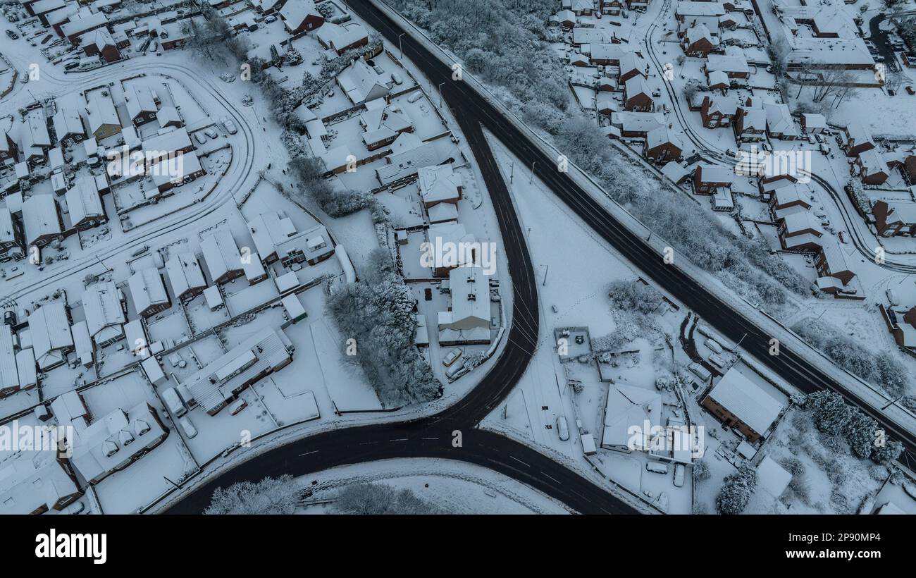 An aerial view of the village of Monk Bretton in Barnsley as Yellow warning of snow is enforce in the Yorkshire area; Monk Bretton, Barnsley,  South Yorkshire, United Kingdom, 10th March 2023  (Photo by Mark Cosgrove/News Images) Stock Photo