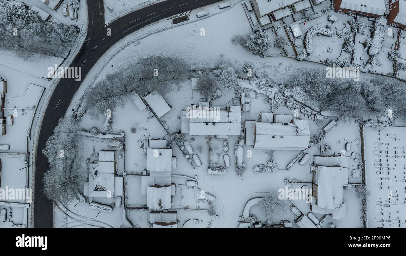 An aerial view of the village of Monk Bretton in Barnsley as Yellow warning of snow is enforce in the Yorkshire area; Monk Bretton, Barnsley,  South Yorkshire, United Kingdom, 10th March 2023  (Photo by Mark Cosgrove/News Images) Stock Photo