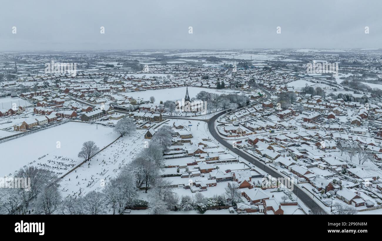 Barnsley, UK. 10th Mar, 2023. An aerial view of St Pauls church in the village of Monk Bretton in Barnsley as Yellow warning of snow is enforce in the Yorkshire area; Monk Bretton, Barnsley, South Yorkshire, United Kingdom, 10th March 2023 (Photo by Mark Cosgrove/News Images) in Barnsley, United Kingdom on 3/10/2023. (Photo by Mark Cosgrove/News Images/Sipa USA) Credit: Sipa USA/Alamy Live News Stock Photo