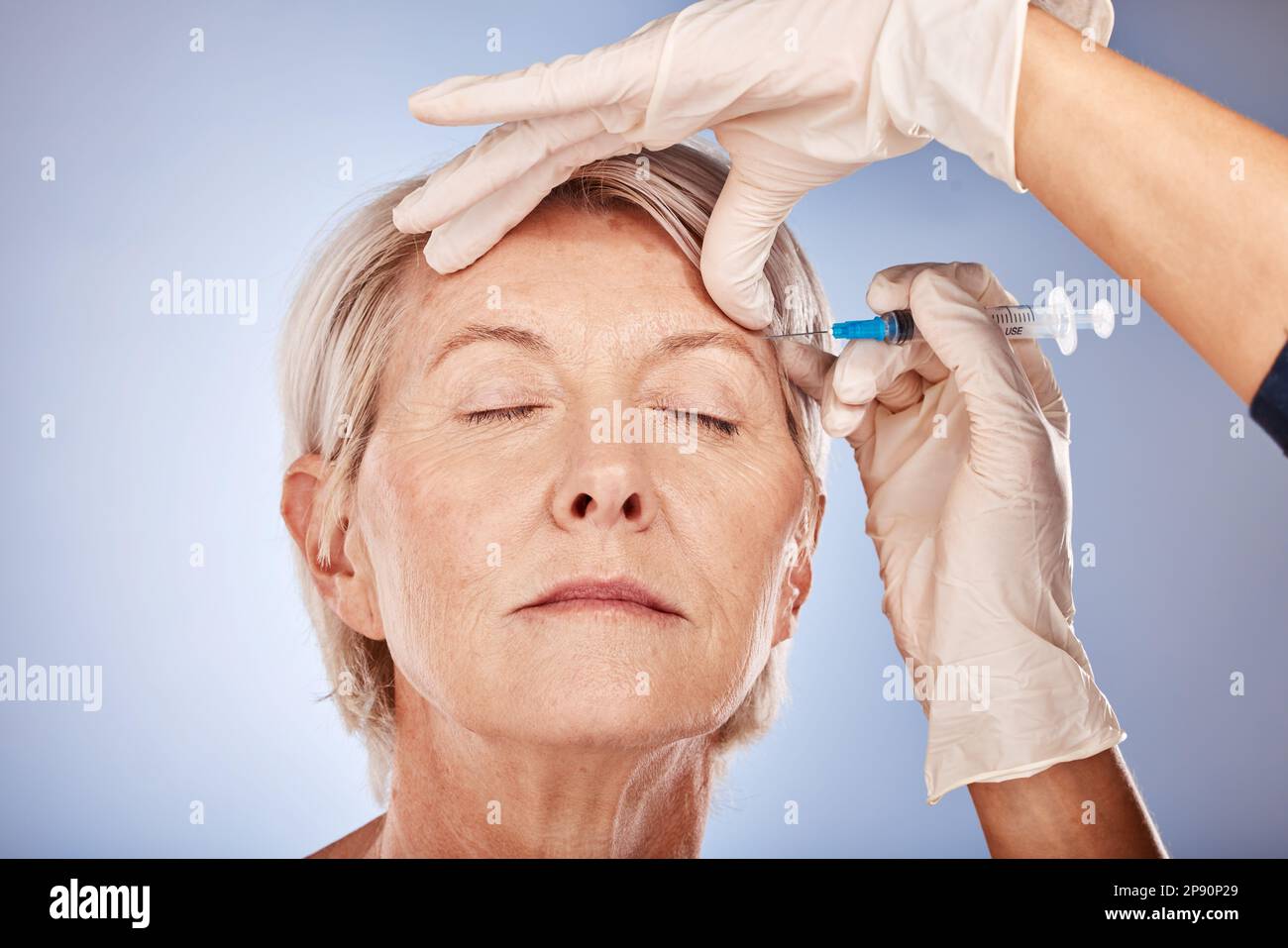 Skincare Mature Woman And Botox Injection From Healthcare Professional For Anti Aging Treatment 