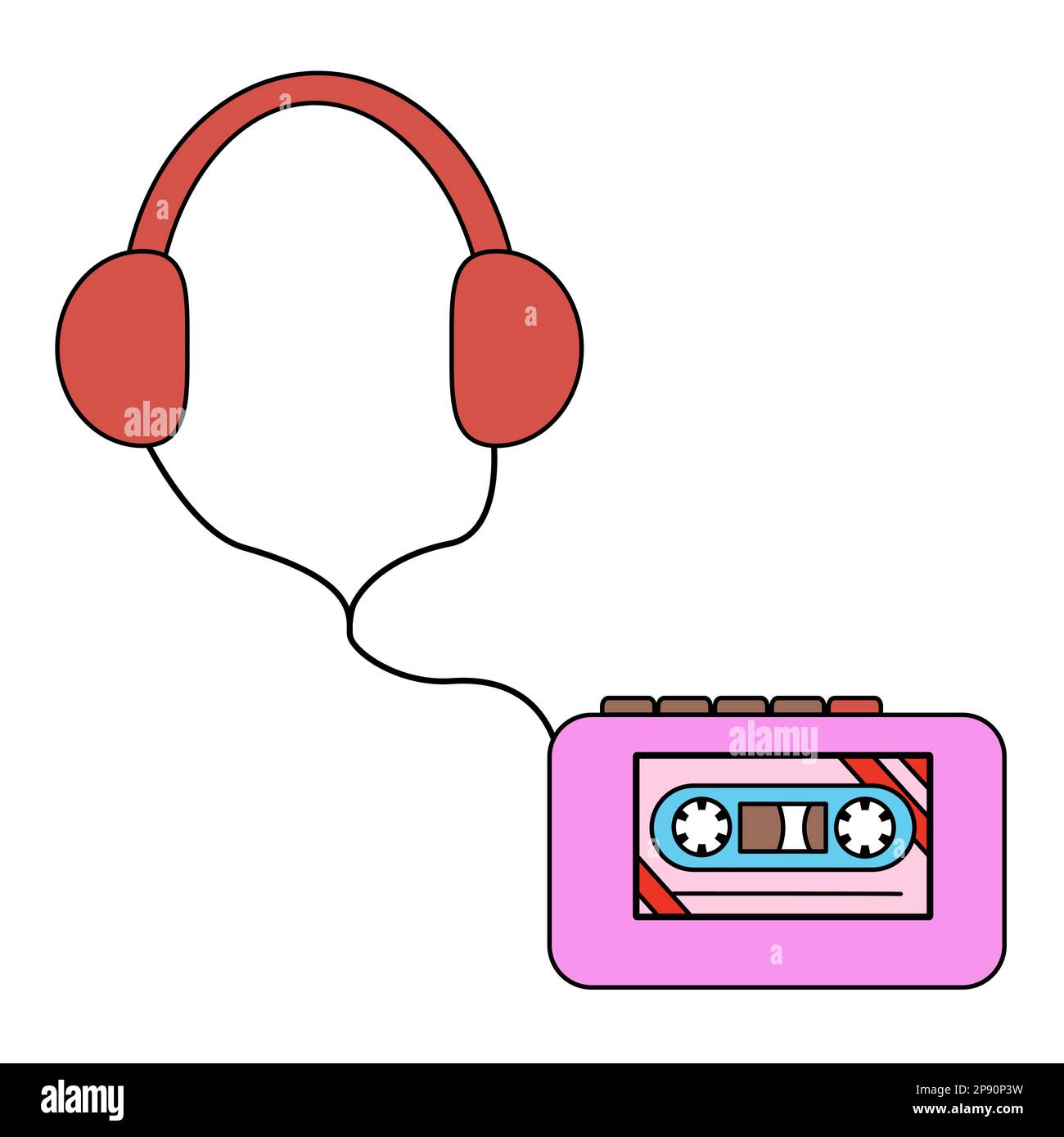 Retro cassette player with headphones, doodle style flat vector