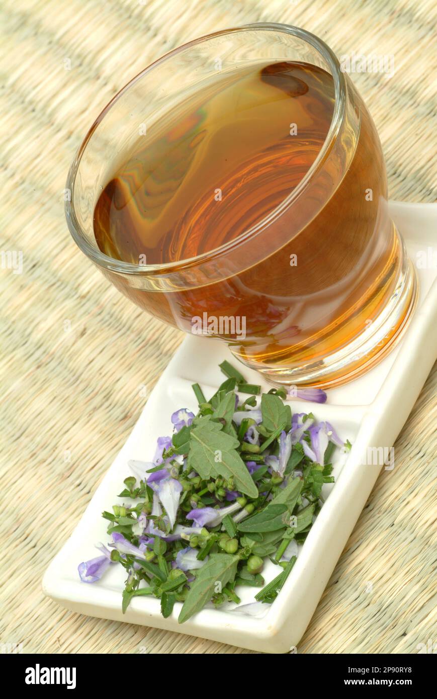 Tee aus Helmkraut, Heilpflanze, medizinische Verwendung, TCM, traditionelles chinesisches Heilmittel, Chinamedizin,  Heiltee, Kräutertee, Ban Zhi Lian Stock Photo