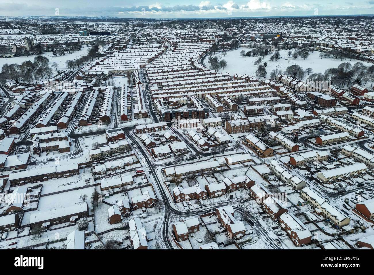 Wirral, Merseyside, 10/03/2023, A general view of a snow covered Wirral, Merseyside, England with Tranmere Rover’s ground, Prenton Park in the background on Friday 10th March, 2023  (Photo by Phil Bryan/Alamy Live News) Stock Photo