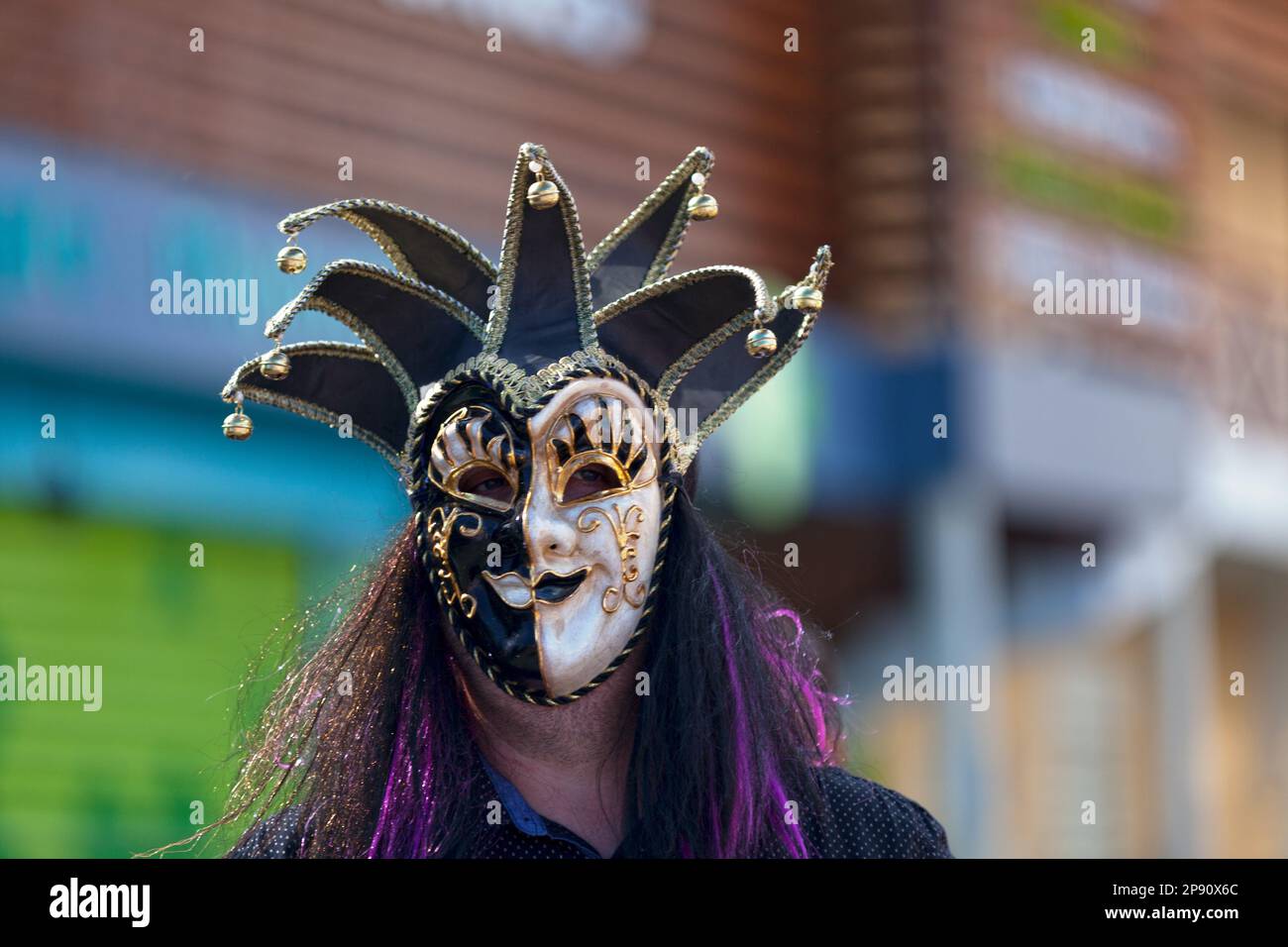 Saint-Gilles les bains, La Réunion - June 25 2017: Party goers wearing a mask during the carnival of the Grand Boucan. Stock Photo