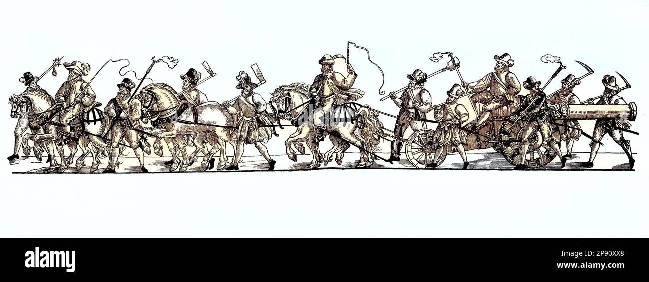 eine Kanone mit kompletter Mannschaft und Zugpferden, 1592 in Nürnberg, Deutschland, Artilleristen, Kanonier, Historisch, digital restaurierte Reproduktion von einer Vorlage aus dem 19. Jahrhundert Stock Photo