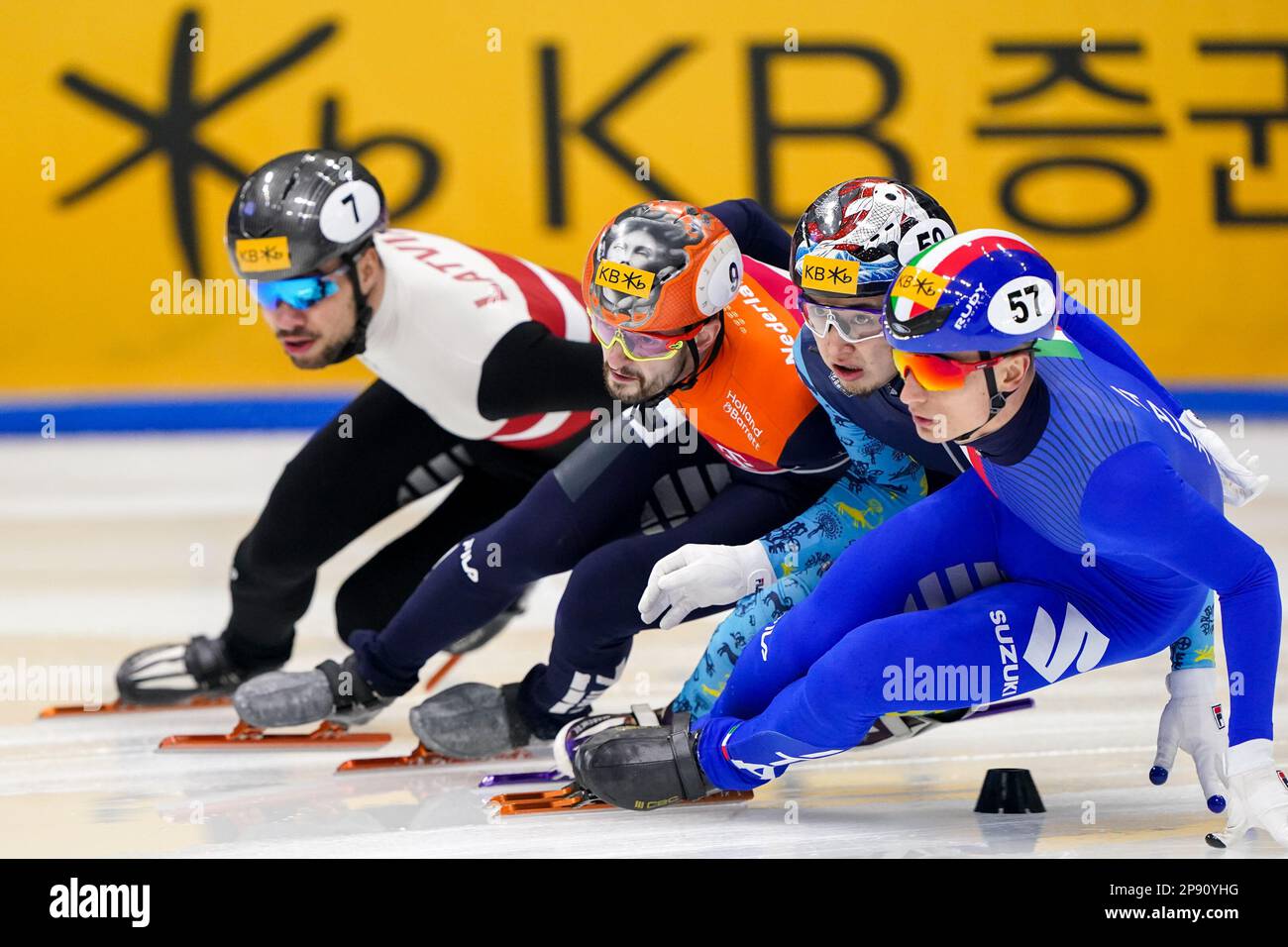 SEOUL, KOREA - MARCH 10: Roberts Kruzbergs of Latvia, Itzhak de Laat of the Netherlands, Pietro Sighel of Italy competing on the Men's 1000m during the ISU World Short Track Speed Skating Championships at Mokdong Ice Rink on March 10, 2023 in Seoul, Korea (Photo by Andre Weening/Orange Pictures) Stock Photo