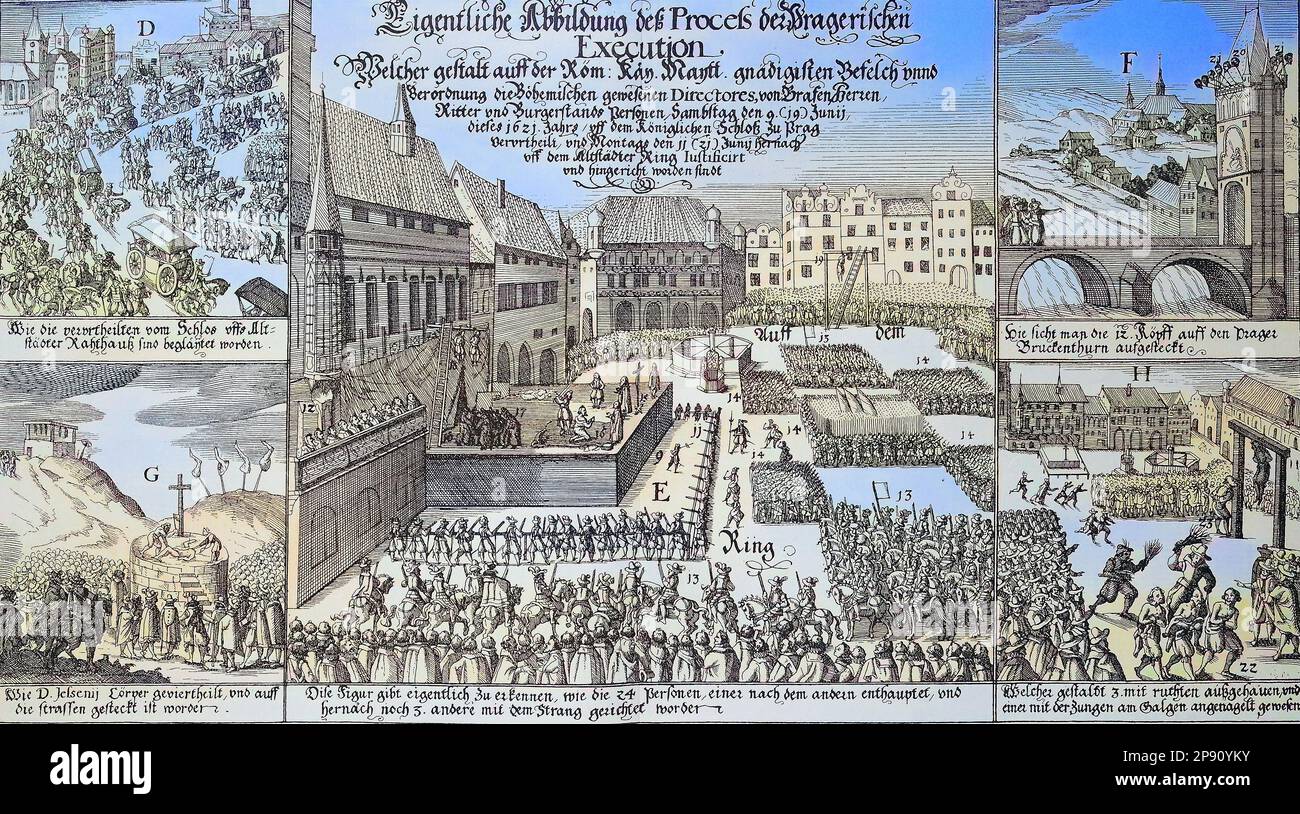 Flugblatt, schildert die Exekution der Aufständischen in Prag, 1621, Historisch, digital restaurierte Reproduktion von einer Vorlage aus dem 19. Jahrhundert Stock Photo
