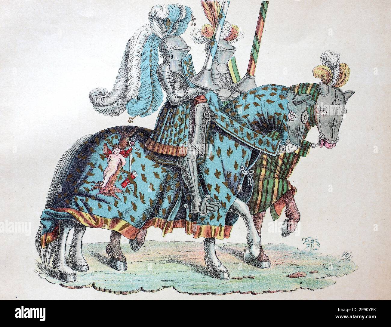 Ritter mit Pferd ziehen zum Turnier, aus dem Turnierbuch von Kaiser Maximilian, Historisch, digital restaurierte Reproduktion von einer Vorlage aus dem 19. Jahrhundert Stock Photo