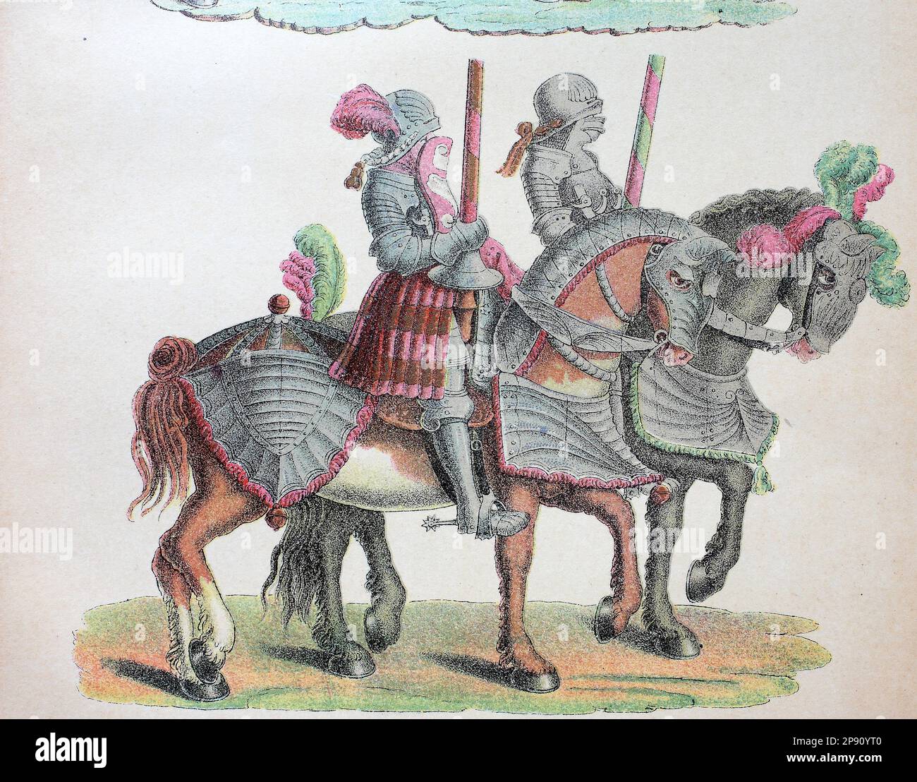 Ritter mit Pferd ziehen zum Turnier, aus dem Turnierbuch von Kaiser Maximilian, Historisch, digital restaurierte Reproduktion von einer Vorlage aus dem 19. Jahrhundert Stock Photo