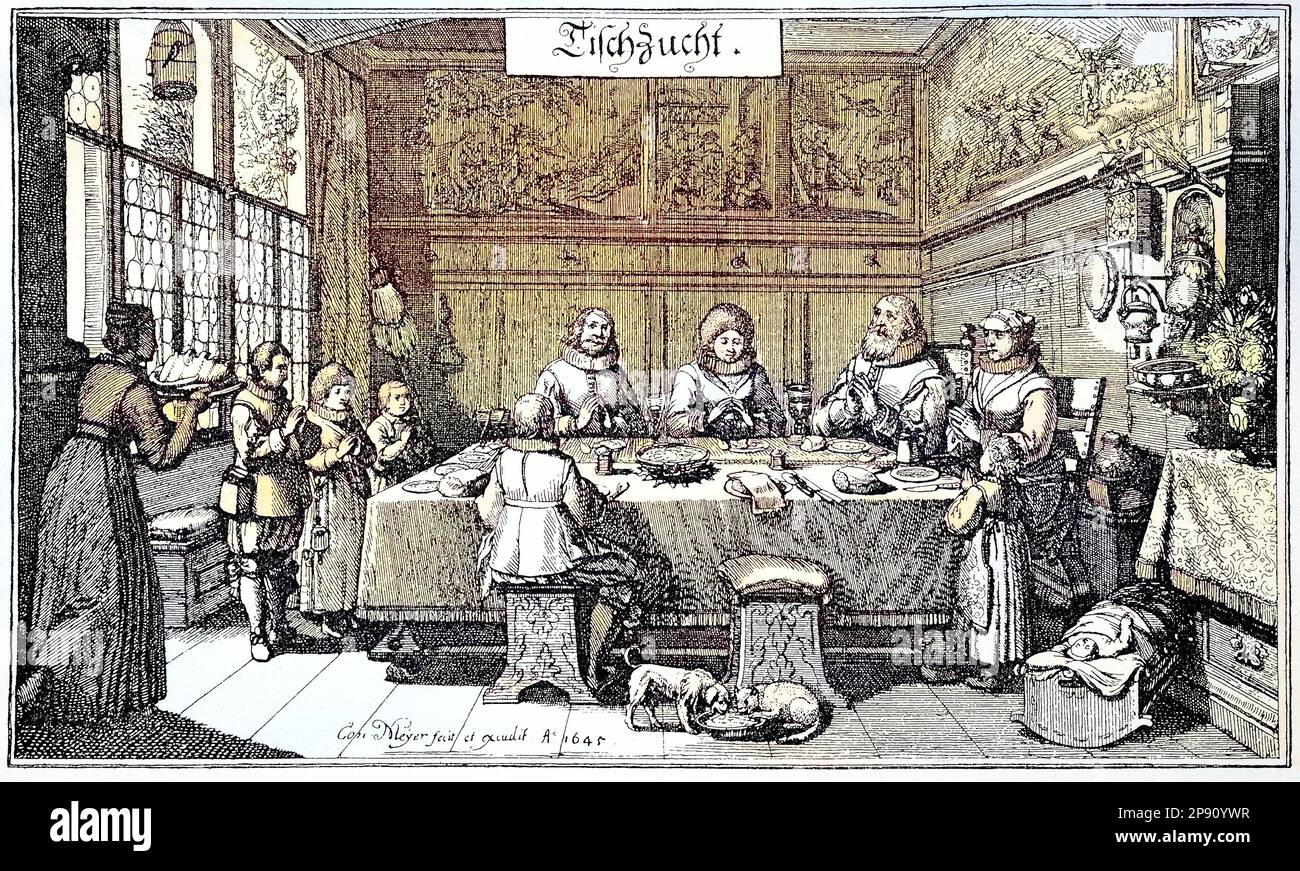 Tischzucht, Dokumentation zu einer Lehrschrift über Manieren bei Tisch, 1645, Historisch, digital restaurierte Reproduktion von einer Vorlage aus dem 19. Jahrhundert Stock Photo