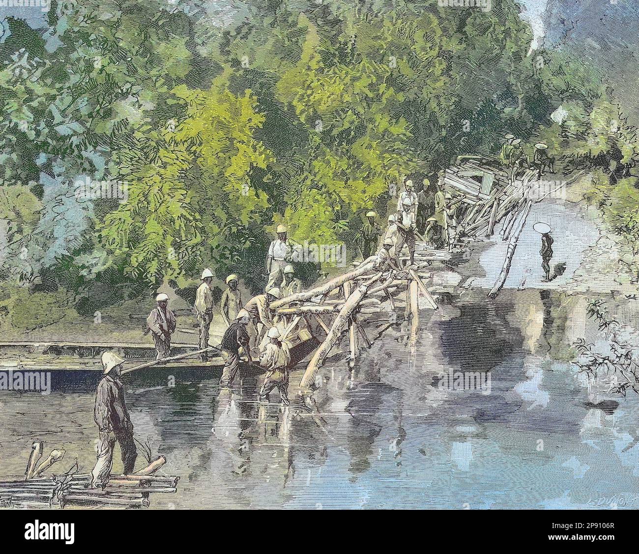 Bau einer Brücke durch französische Pioniere in Tonkin, French Indochina, today Vietnam, Historisch, digital restaurierte Reproduktion von einer Vorlage aus dem 19. Jahrhundert Stock Photo