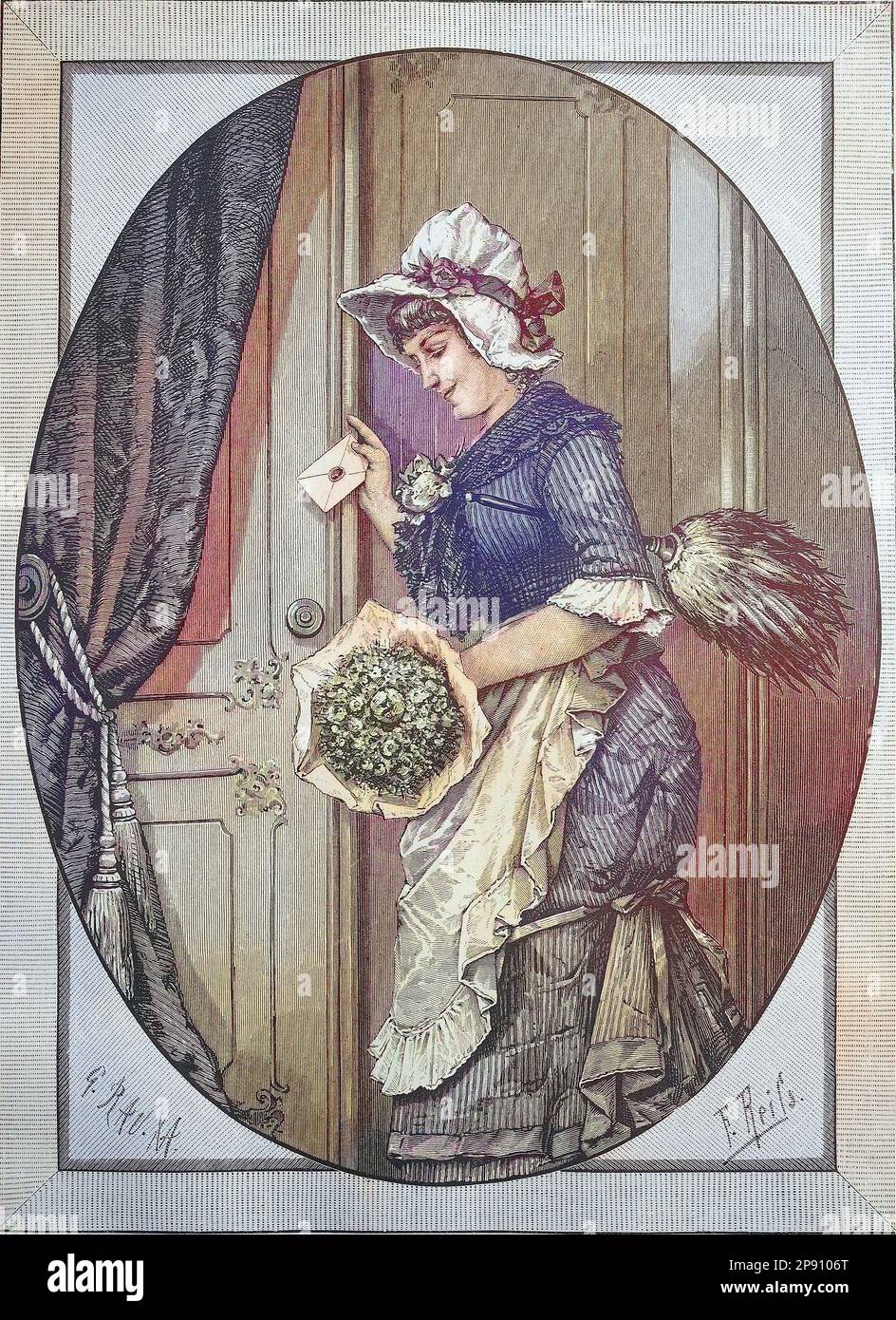 Neujahrswunsch, Kammerzofe mit Blumenstrauß und Neujahrsglückwünschen an der Tür, Historisch, digital restaurierte Reproduktion von einer Vorlage aus dem 19. Jahrhundert Stock Photo