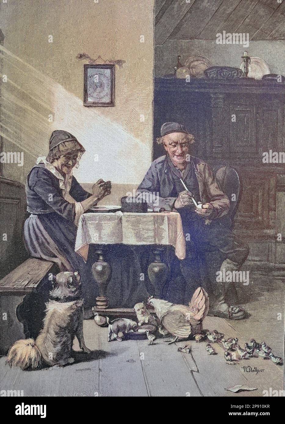 Fütterung, in der Wohnstube eines Bauernhofs, mit Hund, Hundewelpen, Hühnern und Küken bei der Fütterung, Historisch, digital restaurierte Reproduktion von einer Vorlage aus dem 19. Jahrhundert Stock Photo