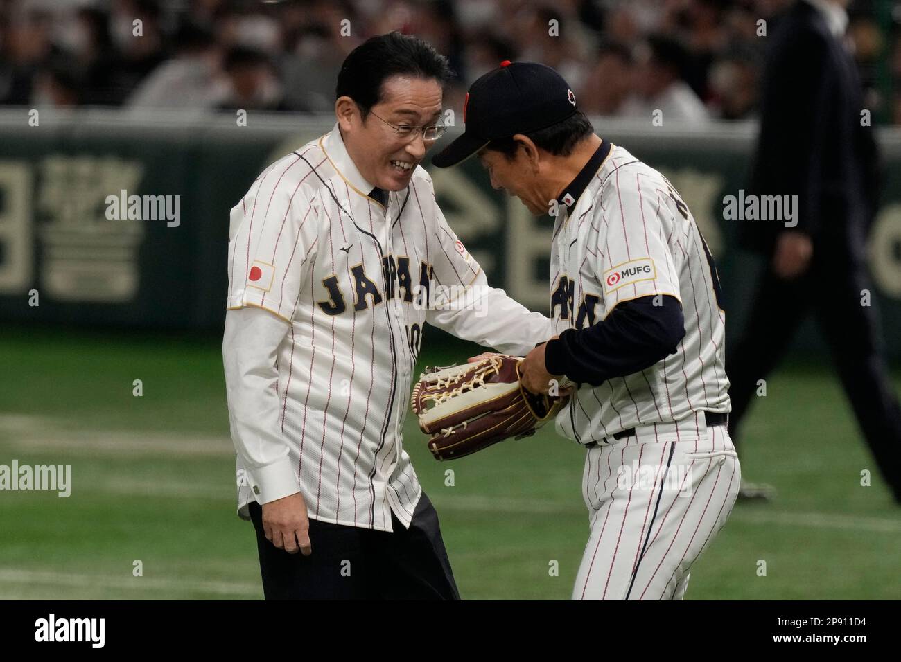 Japanese national baseball team manager Hideki Kuriyama (L) chats with San  Diego Padres right-hander Yu Darvish at the team's World Baseball Class  training camp on Feb. 18, 2023, in Miyazaki, southwestern Japan. (