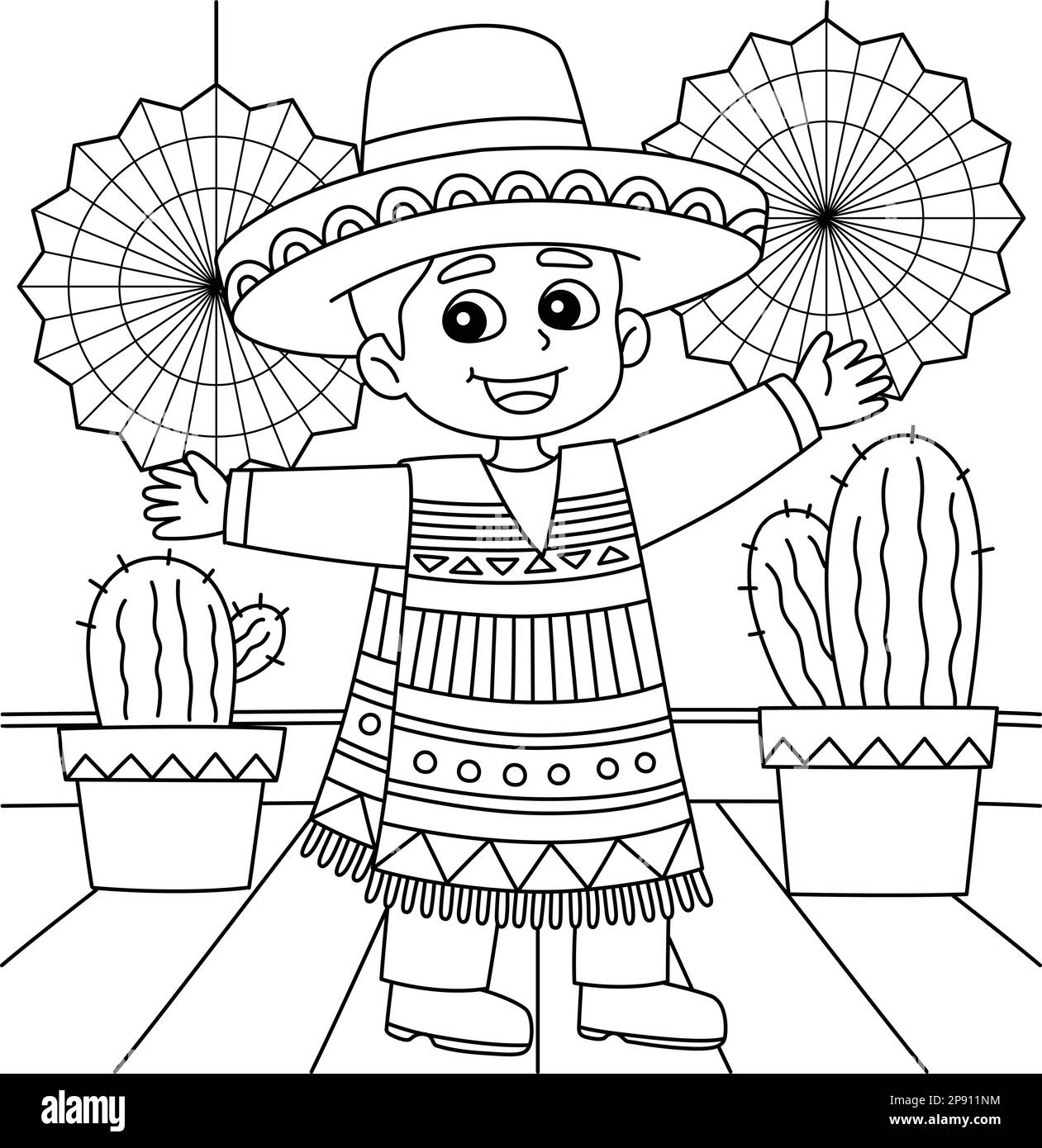 Cinco de Mayo Mexican Boy Coloring Page for Kids Stock Vector Image