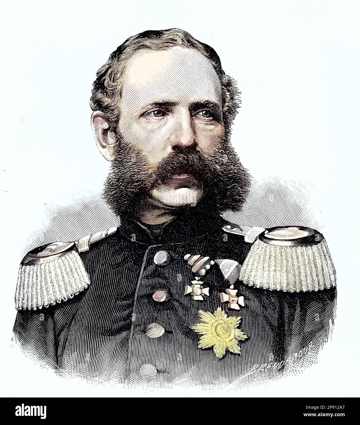 'Albert, Friedrich Augustus Albert Anton Ferdinand Joseph Karl Maria Baptist Nepomuk Wilhelm Xaver Georg Fidelis; 1828 - 1902, war ein deutscher König von Sachsen und Mitglied des Hauses Wettin, Situation zur Zeit des Deutsch-Französischen Krieges, 1870-1871, Historisch, digital restaurierte Reproduktion von einer Vorlage aus dem 19. Jahrhundert' Stock Photo